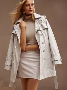 Women's Double-Breasted Windbreaker, Commuting Casual Jacket, Solid Color Design, Fashionable And Versatile For Spring And Autumn - Beige - View 11