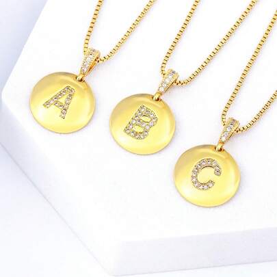 1pc 18k Gold Plated Copper Necklace With White Zirconia & Fish 26 Letter Pendant, Luxury Minimalist Jewelry Gift For Women