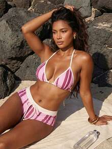 Women's Vertical Striped/Dot Bikini Set Beaded Halter Bikini Tops With High Waisted Drawstring Shorts Beach Wear - Pink - View 3