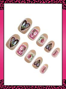 24pcs Short Oval Press On Nails, Spring Summer Flowers Heart French Tips Nail Fake Nails Almond Shape False Nails Manicure Set Includes 1sheet Adhesive Tabs & 1pc Mini File Perfect For Everyday Wear - Multicolor - View 3
