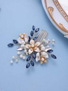 1pc Elegant Women's Blue Crystal & Faux Pearl Hair Comb, Bridal Wedding Flower Hair Clip, Vintage Headpiece For Formal Party,Summer,Beach,Festival,Birthday - Blue and White - View 2