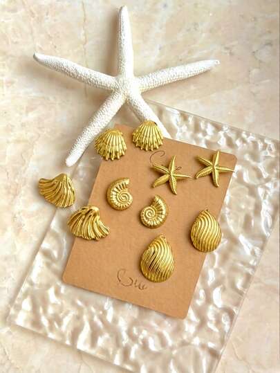 Vintage Gold-Tone Shell Starfish Women's Stainless Steel Earrings, Bohemian-Style Summer Beach Vacation Jewelry, Exquisite Gold-Plated Shell Dangle Earrings, A Variety Of Unique And Statement-Making Styles, Hypoallergenic And Suitable For Everyday Wear, Parties, And Weddings, An Excellent Choice For Mother's Day Gifts, The Perfect Gift For Mom, Wife, Or Girlfriend