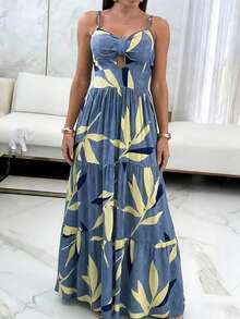 Vestido de tirantes finos con estampado floral y diseño calado, vestido de playa estilo bohemio - Azul - Ver 4