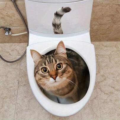 1pc Funny Cat Toilet Sticker - Amusing Bathroom Wall Decal, Self-Adhesive Easy To Apply, Adds Humorous Vibe To Home, Removable DIY Art, 9.8x9.8 Inch Holiday Decor