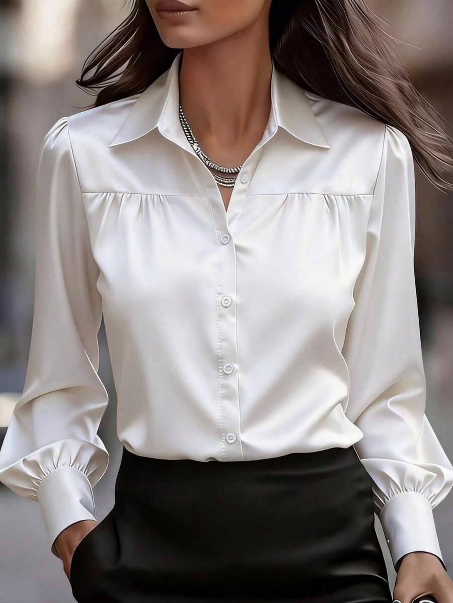 Women's Casual Everyday Office Commute Solid Color Lantern Sleeve Shirt, Simple & Versatile, Spring/Autumn White - White - View 1