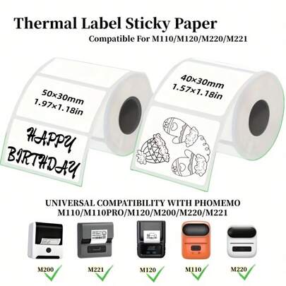 10/6卷矩形Phomemo M110/M220热敏自粘打印标签，尺寸为40x30和50x30，是条形码标签的理想之选，具有强力永久性粘性，非常适合商业、办公、地址、学校和超市等场所使用。
