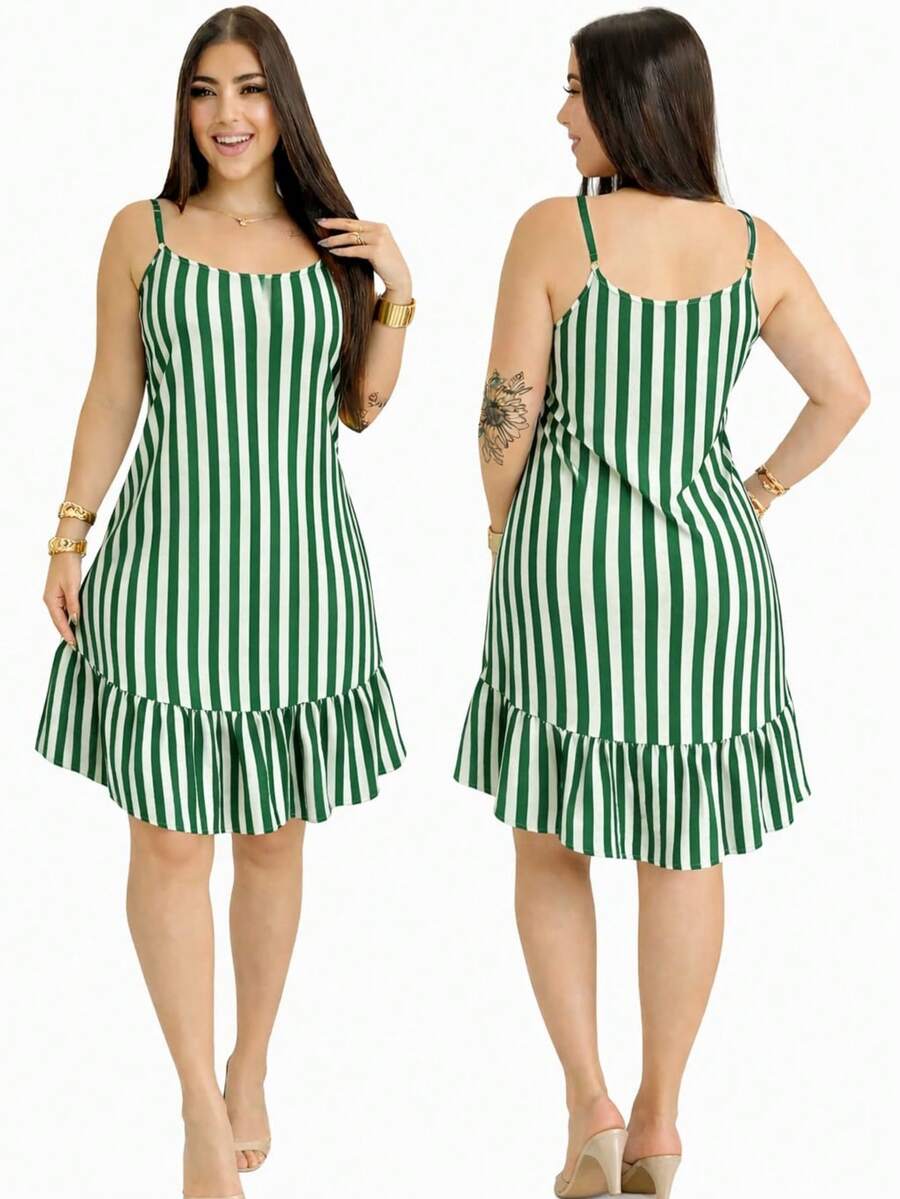 Women's Short Dress, Conservative/Modest, Fabric, Hem With Ruffle, Vacation Dress, Home Dress - 綠色條紋 - 查看 1