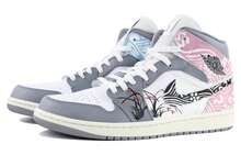 Jordan Air Jordan 1  Versatile Mid Top Vintage Basketball Shoes Men's Blue Pink Gray Blue Powder Ash - Blue, Pink and Gray - View 4