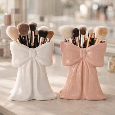 1pc Bow-Shaped Cosmetic Storage Box Set, Makeup Brush Holder Suitable For Vanity, Bedroom, Bathroom Storage, Cute Home Decor, Gift For Women And Friends