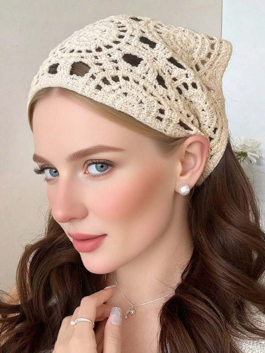 1pc Floral Crochet Headscarf, Triangular Headpiece, Crochet Lace Headscarf, Vintage Headscarf Gift For Women & Girls,Beach,Holiday,Accessories,Travel Essential - Beige - View 1