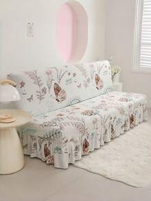 1pc Fresh Plant Printed Sofa Bed Cover With Skirt Edge, Polyester Fiber Sofa Cover, Suitable For Armless Sofas - Beige - View 5