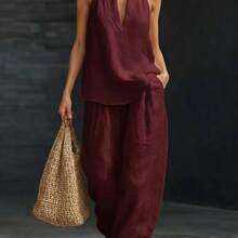 Boho Linen Two Piece Set - Perfect For Beach, Vacation & Brunch! Halter Neck Sleeveless Top Wide Leg Pants Set # TwoPieceSet # LinenSet # WideLegPants # HalterNeck # SummerOutfit # BohoFashion # CasualWear # Outfit Of The Day # WomensFashion - 藍色 - 查看 6