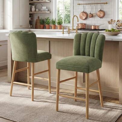 WAHSON OFFICE CHAIRS Juego de 2 Taburete de Bar con Patas de Madera Sillas para Isla de Cocina de Diseño Nórdico, Taburetes Altos Acolchados con Respaldo de Pétalo para Comedor/Cafetería, Marrón