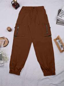 Y2K Style Elastic Waist Drawstring Flap Pocket Zipper Metal Buckle Slit Hem Cargo Jogger Pants, Suitable For Music Festivals Spring - Brown - View 6