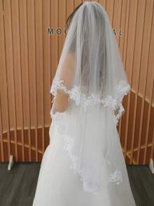 1pc White Lace Short Elegant Double Layer Bridal Veil - White - View 8