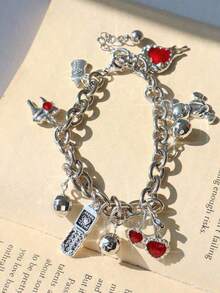 Renaissance Vintage Teddy Bear Charm Bracelet Y2K Cherry Charm Bracelet Party Music Festival Disco Ball Charm Bracelet Red Heart Charm Bracelet Valentines,Mom,Mother,Mother's Day, - 銀 - 查看 3