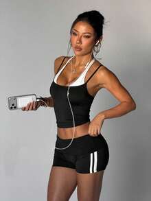 High Waist Tight Fit Contrast Color Sports Yoga Shorts, Butt Lifting, Casual Cute Everyday Wear - Black - View 5