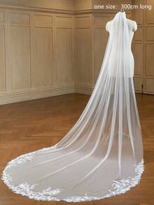 1pc Long White Single Layer Lace Cathedral Bridal Veil With Metal Comb - White - View 4