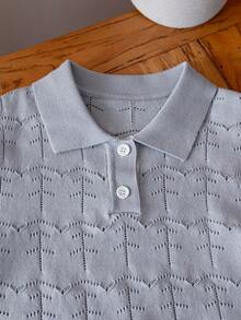 Boys' Casual Solid Color Hollow Collar Polo Shirt Short Sleeve Thin Knit Sweater Pullover, Suitable For School & Daily Wear, Spring/Summer/Autumn - Grey - View 4