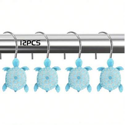 12pcs Blue Turtle Shower Curtain Hooks, Stainless Steel Hooks + Resin Turtle Decor, Ocean Style, 304 Stainless Steel Rust-Proof Smooth Gliding Hooks, No Drilling Required For Bathroom Curtain Rod, Can Hang Curtains & Towels, Excellent Bathroom Decor & Curtain Storage Solution