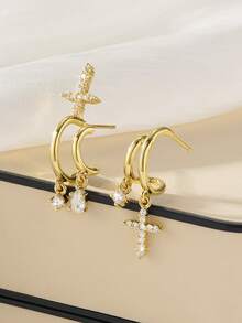 1 Pair Women's Cross Earrings, Delicate Water Drop AP Design, Unique Style, Not Flashy, Fashionable, Sweet And Suitable For Parties, Dates, Music Festivals, And Club Atmosphere - Yellow Gold - View 5