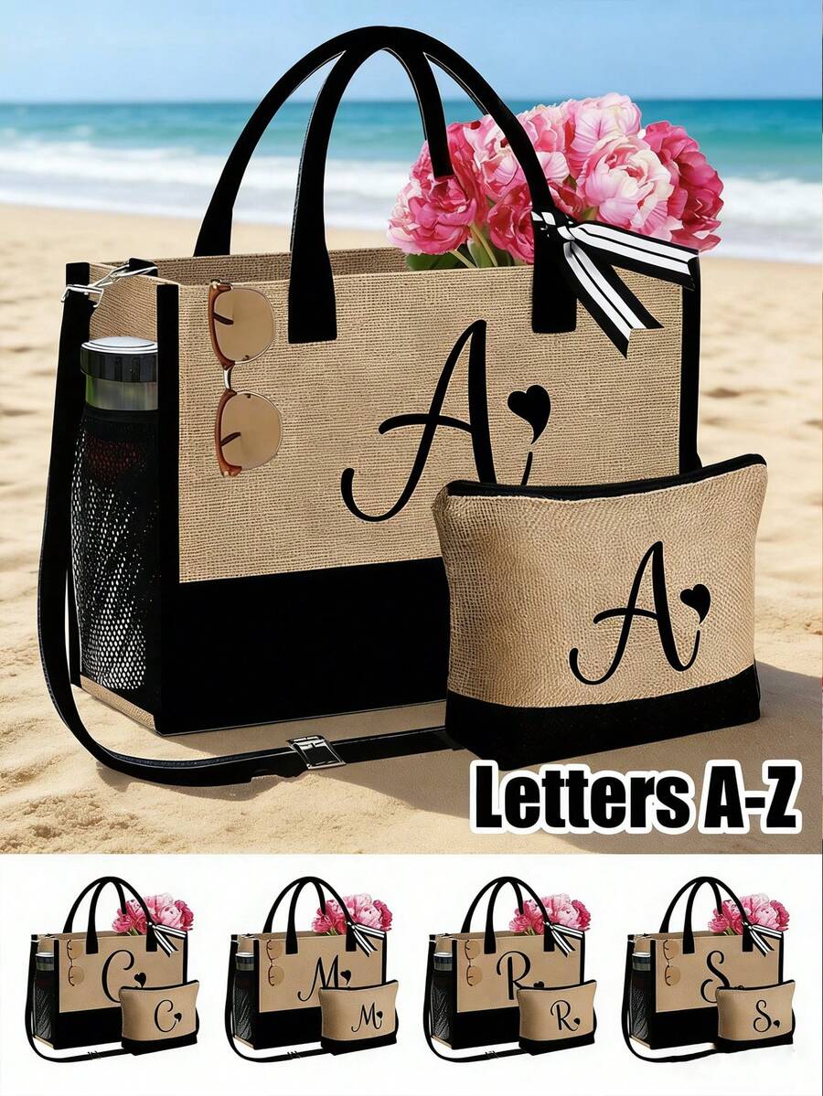 这款女士沙滩手提包套装包含两件套，配有肩带和可定制的A-Z字母缩写，容量超大。肩带可拆卸，方便您根据个人喜好选择。套装还包含一个配套的化妆包和一个小型拉链袋，非常适合用作洗漱包、零钱包或铅笔盒。