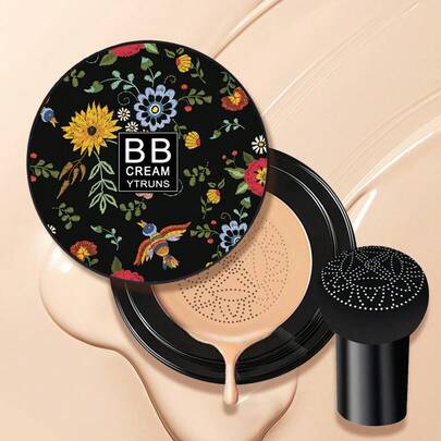  YTRUNS Crema BB de cojín de aire con cabeza de hongo de 3 colores, base de maquillaje humectante y ocultadora, maquillaje ligero y transpirable, crema BB iluminadora de cobertura total, maquillaje natural de larga duración, iguala el tono de la piel, cubre los poros, incluye borla con forma de hongo para una aplicación fácil