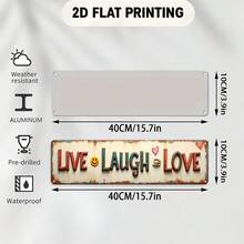 2D平面金屬牆面裝飾牌，印有「Live Laugh Love」字樣、心形與臉部圖案，復古農舍風，尺寸3.94X15.75英吋(10X40公分)，做舊白色與棕色邊緣，適合居家裝飾 - A - 查看 4