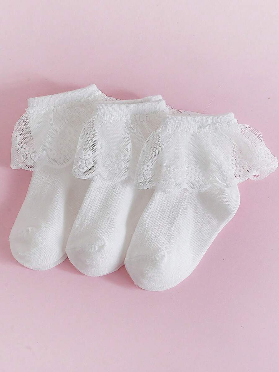 3双女童白色蕾丝边短袜，甜美公主风婴儿透气网眼短袜 - 白色 - 查看 1