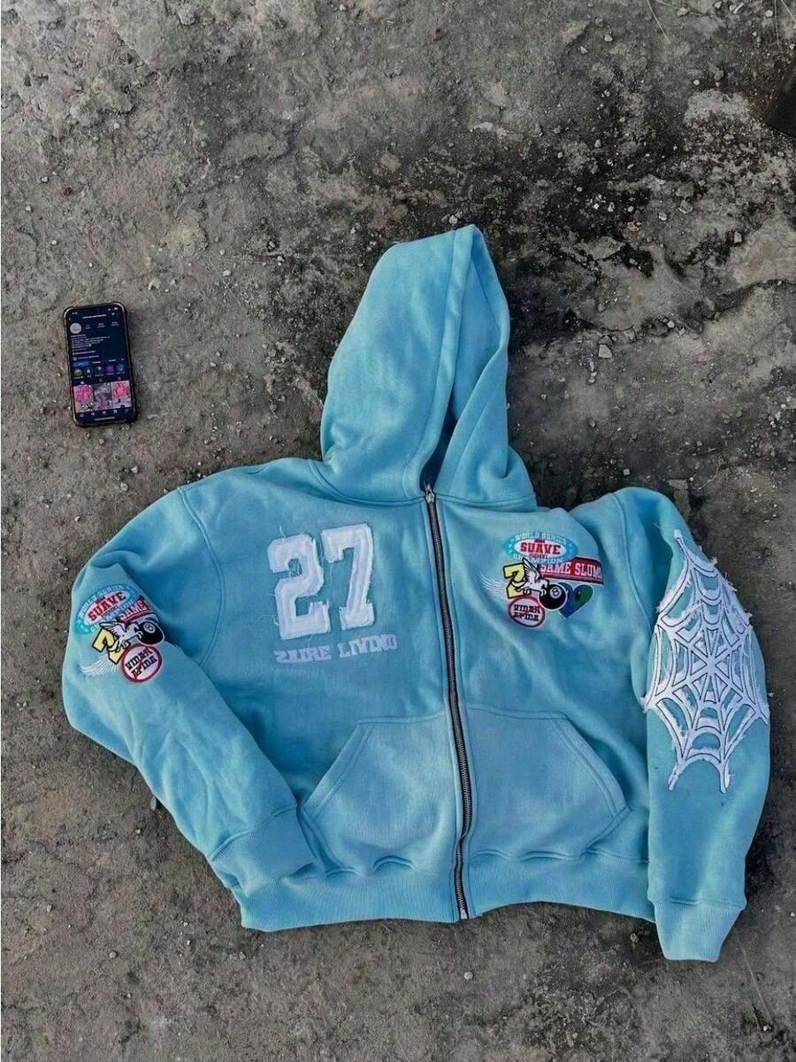 Printed Hoodie Cardigan Jacket Hooded - M Blue - 查看 1