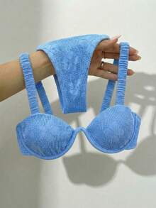 Bikinx Bộ bikini nữ họa tiết hoa, gọng thép, dây đeo vai nhún bèo, thích hợp cho kỳ nghỉ hè ở bãi biển. - Màu xanh lam - Xem 7
