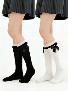 1/2 Đôi tất cao đến đầu gối màu trắng, kiểu dáng ngọt ngào, đa năng, có ren, xếp nếp và nơ, hàng mới về mùa xuân. - Nhiều màu - Xem 8