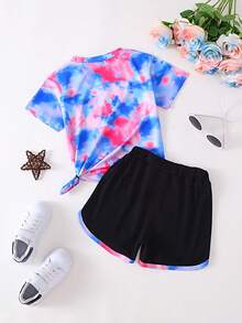 Bộ 2 món cho bé gái, áo thun ngắn tay và quần short in hình trái tim nhuộm màu sặc sỡ, thích hợp mặc ngoài trời. - Nhiều màu - Xem 2