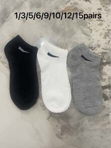 20双装男女通用运动袜，白/黑/灰三色可选，舒适透气吸湿短袜，斜条纹图案，经典纯色简约时尚踝袜，适合日常休闲穿着。 - 黑與白 - 查看 15