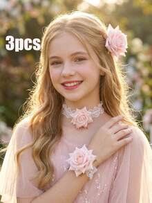 3pcs/Set Flower Hair Clip + Wrist Flower + Flower Necklace, Suitable For Teenage Girls, Wedding Ceremony, Party, Photo Booth Props - Pink - View 3