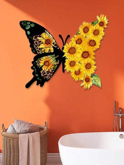 1 chiếc trang trí tường bằng kim loại hình hoa hướng dương và bướm rực rỡ, phong cách hoa lá Boho với chi tiết họa tiết da báo sang trọng, được chế tác thủ công bằng kim loại, chủ đề khu vườn thiên nhiên - Thích hợp cho Giáng sinh, Halloween, Lễ Tạ ơn, tân gia, sinh nhật, đám cưới, phù hợp cho phòng khách, phòng tắm, sân hiên, sân vườn, lý tưởng cho trang trí mùa xuân/hè.