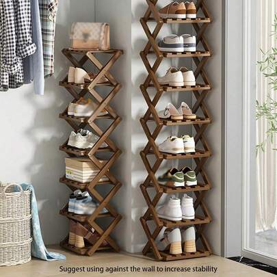1pc Bamboo Foldable Shoe Rack & Over-The-Door Storage Organizer, No Installation Needed, Suitable For Entryway, Living Room, Hallway And Bedroom