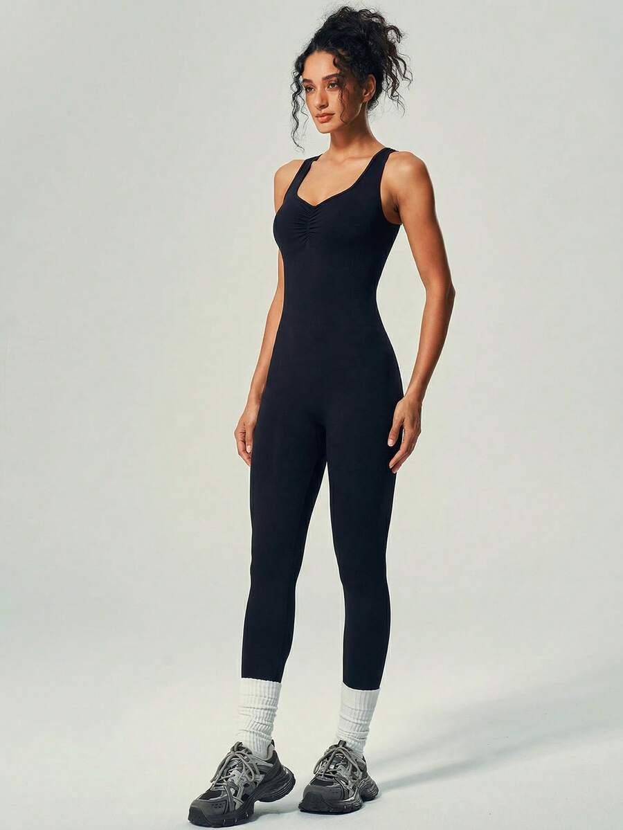 UONNOU 1 bộ áo liền quần yoga hở lưng gợi cảm dành cho nữ, áo hai dây màu đào nâng mông giúp thon gọn vòng ba cho mùa xuân/hè. - màu đen - Xem 1