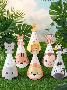 6pcs Jungle Animal Themed Birthday Hats, Paper Hats For Jungle Adventure Birthday Party, Cartoon Elephant, Lion, Monkey, Giraffe, Hippo And Leopard Print Patterns, Suitable For Birthday Party, Wild Forest Party, Baby Shower Party, Party Photo Props - A - View 1