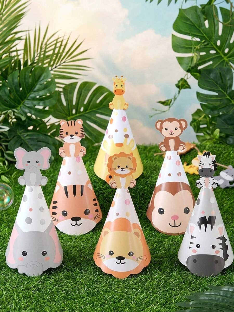 6pcs Jungle Animal Themed Birthday Hats, Paper Hats For Jungle Adventure Birthday Party, Cartoon Elephant, Lion, Monkey, Giraffe, Hippo And Leopard Print Patterns, Suitable For Birthday Party, Wild Forest Party, Baby Shower Party, Party Photo Props - A - View 1