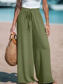 2 Piece Black Army Green Wide Leg Pants Set Women High Waist Elastic Drawstring Summer 2026 - 黑色+軍綠色 - 查看 5