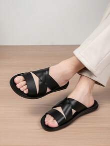 男士凉鞋 夏季新款交叉绑带软底沙滩度假风拖鞋 舒适防滑时尚个性化室内外两用拖鞋 - 全黑色 - 查看 8