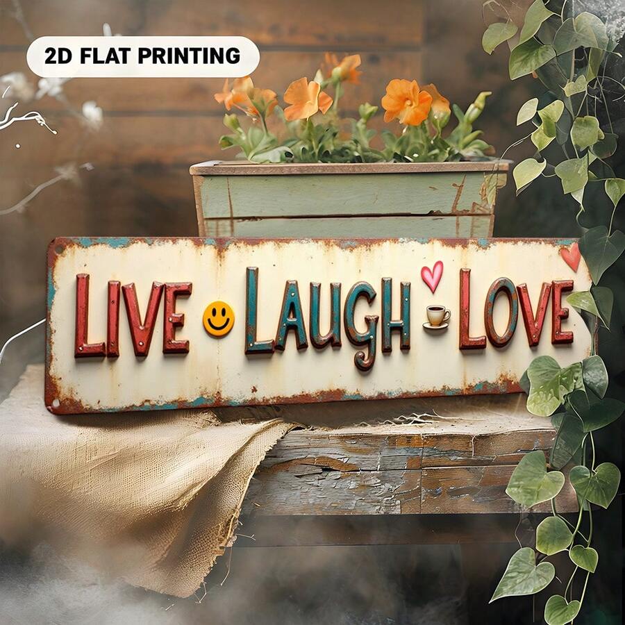 2D平面金屬牆面裝飾牌,印有「Live Laugh Love」字樣、心形與臉部圖案,復古農舍風,尺寸3.94X15.75英吋(10X40公分),做舊白色與棕色邊緣,適合居家裝飾 - A - 查看 1