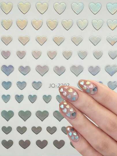 1pc Holographic Laser Heart Nail Stickers, Sweet Girl Nail Art Decor DIY Materials, 3D Embossed Waterproof Long-Lasting, Attractive Sweet Girl Nail Art