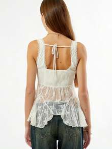 Womens Lace Tank Tops  Sleeveless V Neck Solid Color Ruffle Tops Slim Fit Shirts - 白色 - 查看 2