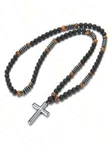 1pc Retro Natural Yellow Tiger Eyes Black Beaded Stone Men Necklace Suitable Daily Wear - Black - View 7