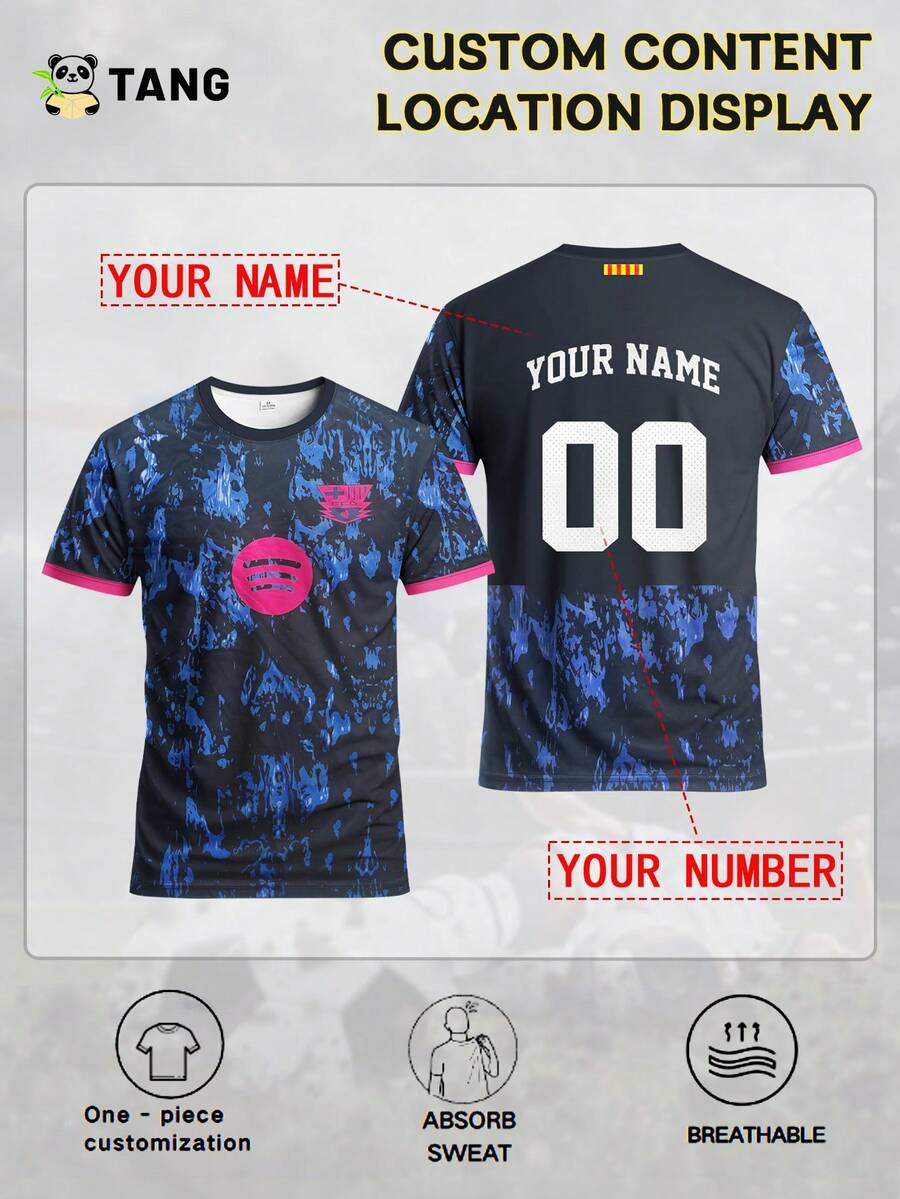 Customized Barcelona Style Men's Football Jersey, Personalized With Name & Number, Comfortable Round Neck Sports Sweatshirt, Suitable For Football Training, Casual Wear, And Gift Summer,Gym Wear