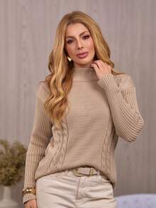 Women's Knitted Sweater With Braided Detail, High Neck, Long Sleeves, For Winter. Women's Winter Sweaters, Casual Everyday Wear, Elegant Women's Sweaters. - 沙 - 查看 1
