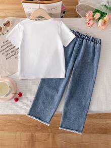 Conjunto de top de manga corta con decoración de lazo con estampado de cerezas y pantalones largos de mezclilla con bordado de cerezas para niñas, primavera/verano - Blanco - Ver 3