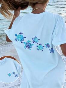 Girls' Refreshing Ocean Tee, Plus Size Ombre Sea Turtle Graphic Cute Beach Top, Summer Holiday Street Style - Baby Blue - View 7